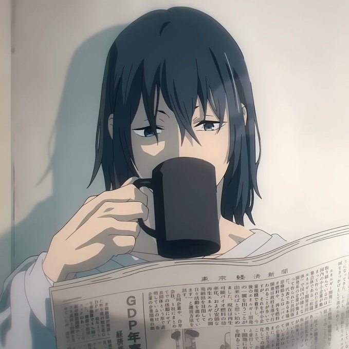 An anime-style illustration shows a black-haired character drinking from a black mug while reading a Japanese newspaper with visible text including 'GDP' and '東京経済新聞'.