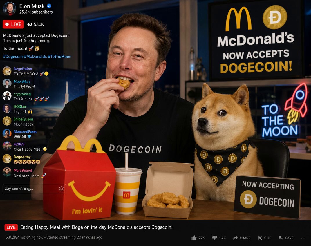 The image features a man sitting at a table with a dog, both of them eating from a McDonald's box. There are also two cups placed on the table, one near each person. The background includes a sign that says "McDonald's now accepts dogecoin", indicating that the man and his dog might be using cryptocurrency to pay for their meal at the restaurant.