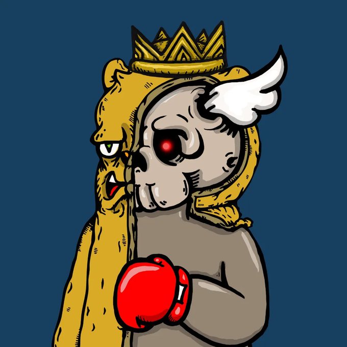 A digital illustration of a hybrid creature with half a yellow feline face and half a gray humanoid face, wearing a golden crown, a white wing, and a red boxing glove against a dark blue background.