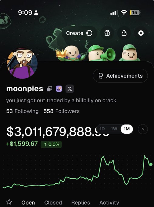 A stock/crypto trading app profile for 'moonpies' showing a portfolio value of $3,011,679,888.99 with +0.4% gain, a 'you just got out traded by a hillbilly on crack' tagline, 53 following and 558 followers, and a 1-month price chart.