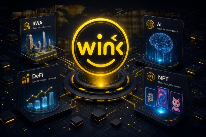 A futuristic digital interface showcases the glowing yellow "WINK" logo at its center, surrounded by four panels representing RWA (Real World Assets), AI, DeFi (Decentralized Finance), and NFT (Non-Fungible Token) categories, all set against a world map backdrop. The image aligns with the post by visually representing the WINkLink ecosystem's diversified verification and transparency capabilities across multiple blockchain sectors that support the TRON financial network.