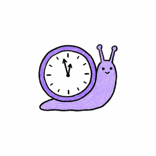A cartoon illustration of a purple snail with a smiling face, whose shell is a clock showing a time near 12:00.