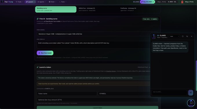 A screenshot of a cryptocurrency token launch page on a platform, featuring details for a 'bonding curve' and 'Launch a token' for 'CLAIRD' ($CLAIRD), with a description explaining how to claim the free airdrop from the testnet.