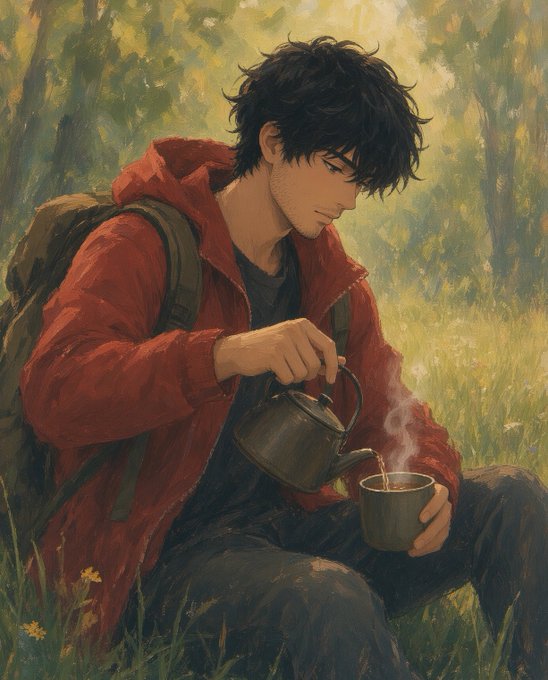 An anime-style illustration of a young man with messy black hair wearing a red hooded jacket and backpack, sitting in a sunlit forest pouring hot tea from a kettle into a metal cup.