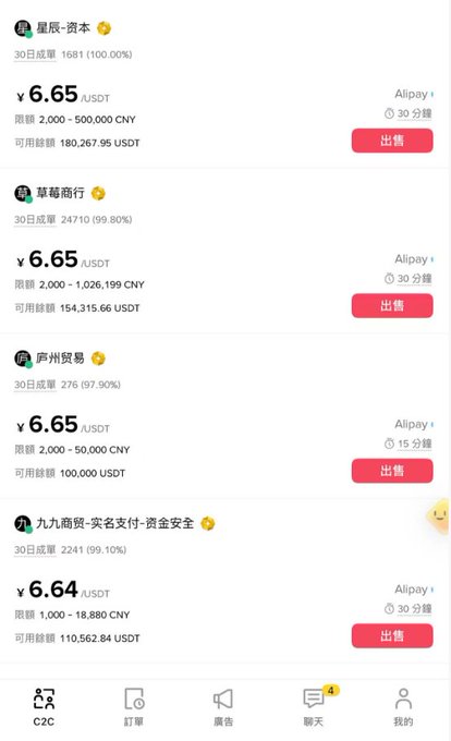 A mobile app interface in Chinese displaying P2P trading listings for USDT, showing sellers like '星辰-资本', '草莓商行', '芦州贸易', and '九九商贸' with rates around ¥6.65/USDT and payment via Alipay.