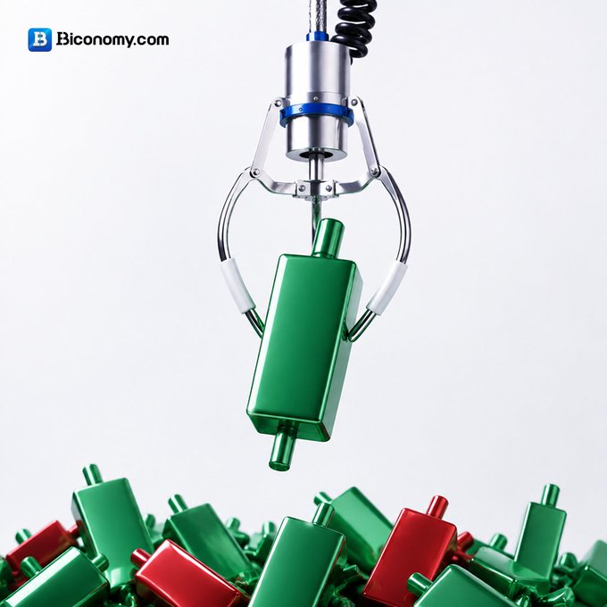 A robotic claw descends from above to grasp a green rectangular object, hovering over a pile of similar green and red rectangular objects; the text 'B Biconomy.com' appears in the upper left.