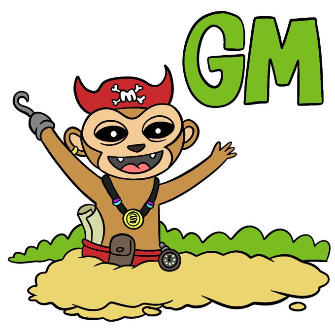 A cartoon illustration of a cheerful monkey pirate wearing a red bandana and a gold coin necklace, holding a hook, with large green 'GM' (Good Morning) text displayed.