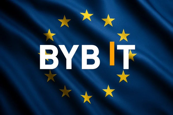 The image features the Bybit logo displayed over the European Union flag, symbolizing the exchange's MiCA-regulated presence in Europe, with the white "BYBIT" text overlaying the iconic circle of yellow stars on a blue background.