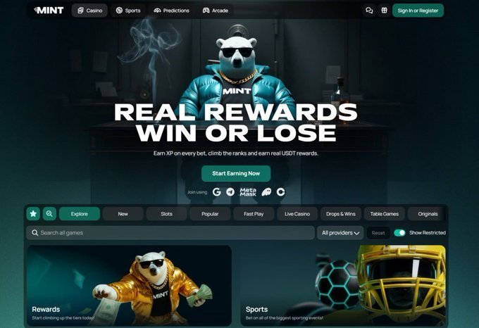 A website screenshot for MINT featuring a bear mascot wearing sunglasses and a teal jacket, with the headline 'REAL REWARDS WIN OR LOSE' and a 'Start Earning Now' button.
