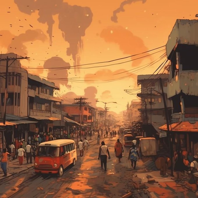 A digital illustration shows a bustling street scene at sunset with people walking, a red and white bus, and buildings on either side under an orange sky with smoke clouds.