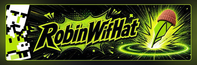 A bold green and black banner displays "RobinWitHat" in stylized comic-book lettering, featuring a character in a red beanie with a green checkmark rocket launching upward. The vibrant promo graphic aligns with the post's enthusiasm about holding and accumulating Robinhood NFTs ("BrokerPunks") for upcoming guaranteed spot rewards from other major projects.