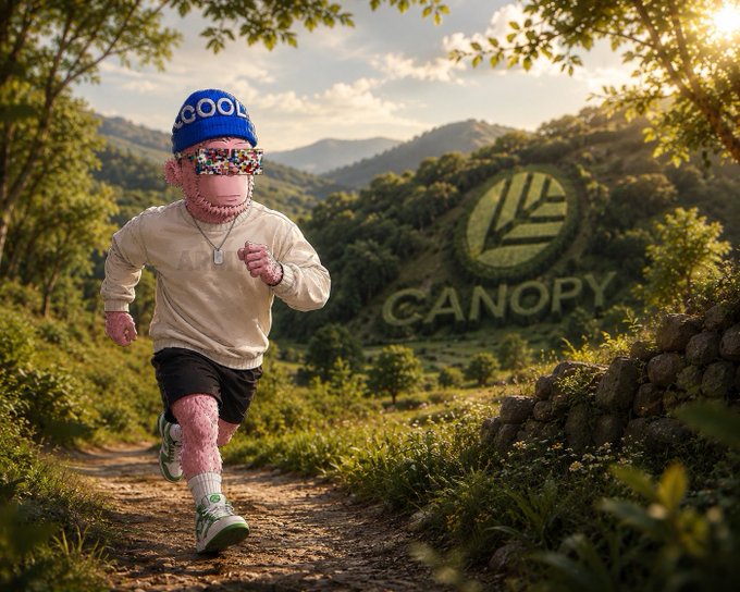 A furry pink creature wearing a blue "COOL" beanie and sunglasses runs down a forest trail, with a large "CANOPY" logo visible in the background hills, illustrating the post's message about owning your own chain with @CNPYNetwork.