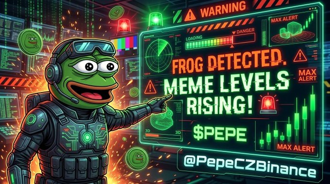A Pepe the Frog-themed cryptocurrency graphic featuring a frog character in tactical gear pointing at a warning screen that reads 'FROG DETECTED. MEME LEVELS RISING! $PEPE @PepeCZBinance' amid charts and alerts.
