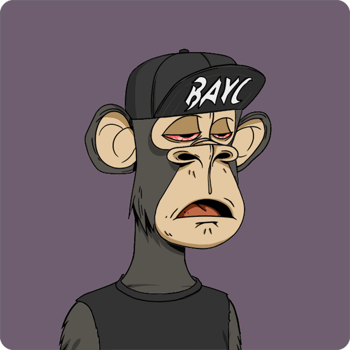A digital cartoon illustration of a Bored Ape-style monkey wearing a black 'BAYC' cap with a tired expression against a purple background.