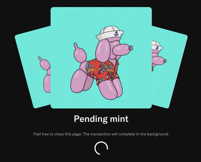 A "Pending mint" screen showing cartoonish NFT artwork of pink balloon-like figures dressed as sailors in colorful shorts.