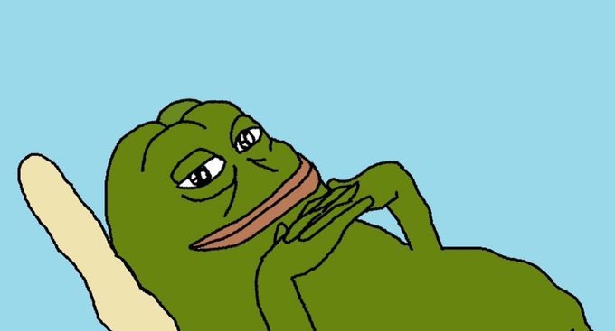 A cartoon illustration of Pepe the Frog with a smug expression, clasping his hands together against a light blue background.