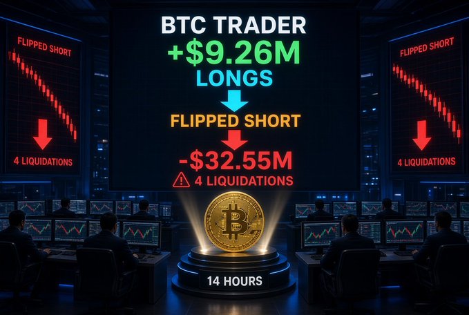A graphic shows a BTC trader's position that flipped from longs (+$9.26M) to short, resulting in -$32.55M loss with 4 liquidations over 14 hours.