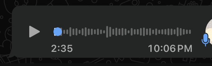 An iMessage audio recording at 2:35, sent at 10:06 PM, with the play button ready to press. The caption "i saw 2:35 and immediately accepted ill never know what was said" fits perfectly with the image, suggesting the user gave up on listening to a nearly 2.5-minute long voice memo before even hitting play.
