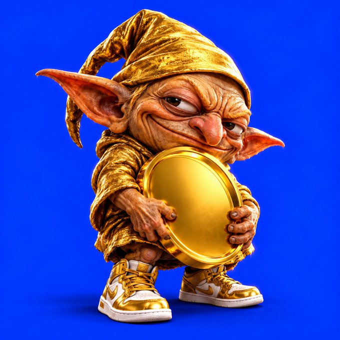 A golden goblin-like creature with large pointed ears, wearing a pointed hat and golden sneakers, crouches while holding a large gold coin against a blue background.
