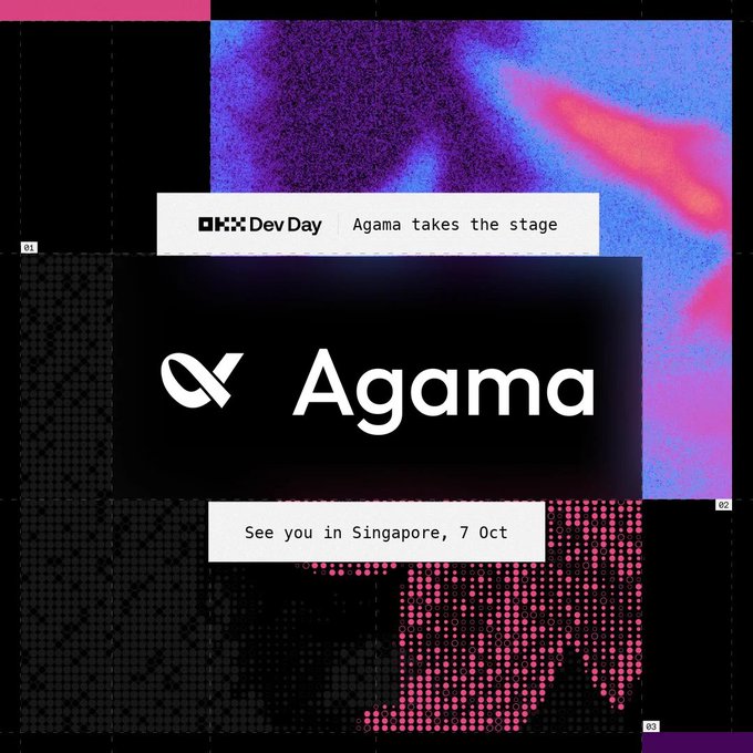 A promotional graphic for 'OKX DevDay' features the text 'Agama takes the stage' and 'See you in Singapore, 7 Oct' against a vibrant pink, blue, and purple background.