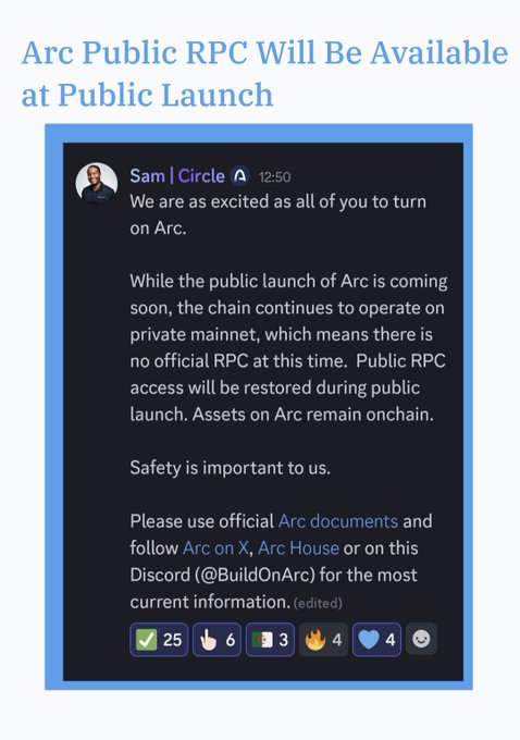 A Discord message from "Sam | Circle" announcing "Arc Public RPC Will Be Available at Public Launch" explaining that public RPC access will be restored during public launch.