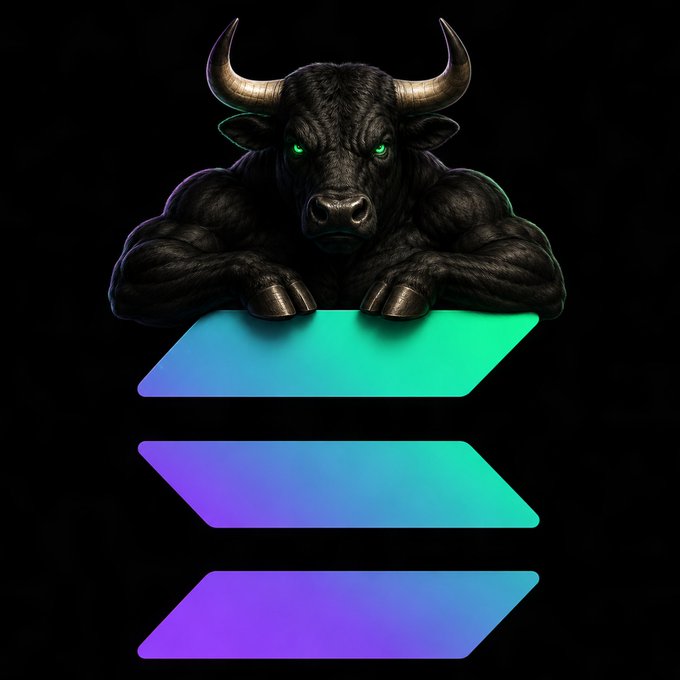 A muscular black bull with glowing green eyes and large horns rests its front hooves on a stylized "≡" Solana logo, with the colorful teal-to-purple gradient bars serving as a banner space for the bullish "$ANSEM will lead the Solana bull run" message. The imagery directly reinforces the post's theme of an upcoming bull run, with the powerful bull symbolizing market optimism and the Solana logo anchoring the prediction to that specific blockchain ecosystem.