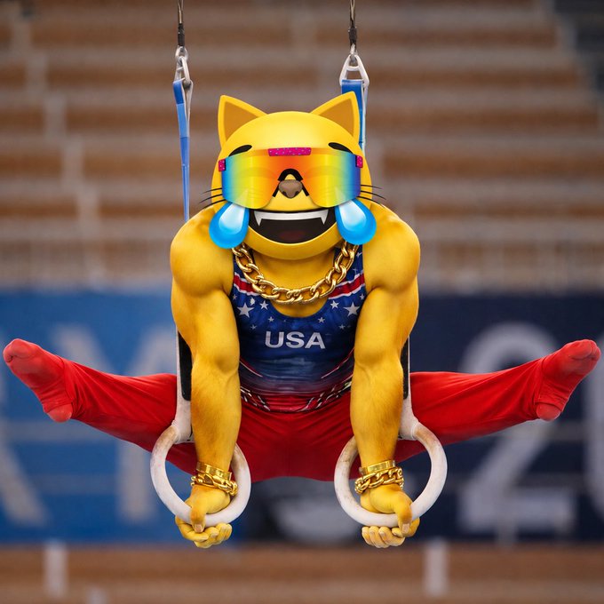 A meme image of a muscular cat character wearing reflective sunglasses, a gold chain, and a USA-themed leotard, performing a split on Olympic rings with a stadium backdrop.