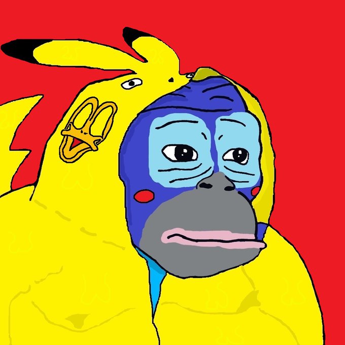 A cartoon drawing on a red background featuring Pikachu alongside a figure wearing a blue luchador mask and a gray beard.