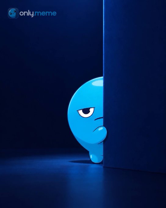 A blue cartoon blob character with a grumpy/suspicious expression peeking around a corner against a dark blue background, with an 'onlymeme' watermark in the upper left.