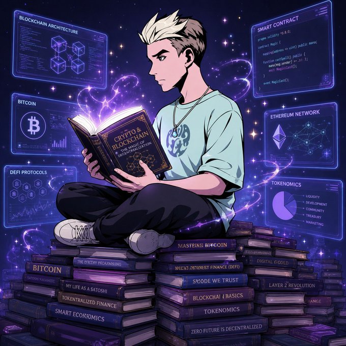 An anime-style illustration of a young man reading a "Crypto & Blockchain" book while sitting on a stack of cryptocurrency-themed books like "Bitcoin," "DeFi Protocols," "Tokenomics," and "Mastering Bitcoin," surrounded by floating panels displaying blockchain architecture, smart contracts, Bitcoin, and Ethereum network data.