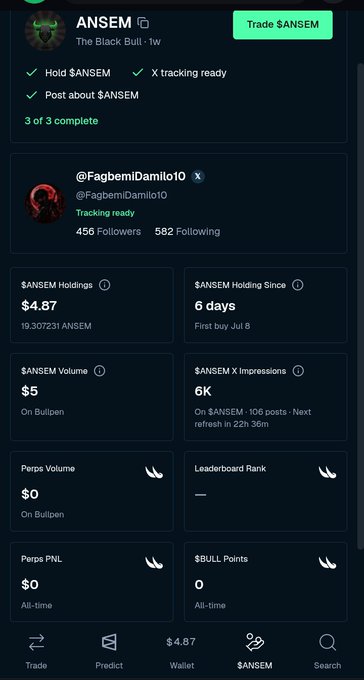 A mobile app screen showing a user profile for @FagbemiDamilo10 tracking $ANSEM token, displaying holdings of $4.87, 19.307231 ANSEM, 6 days holding, and a 'Trade $ANSEM' button.