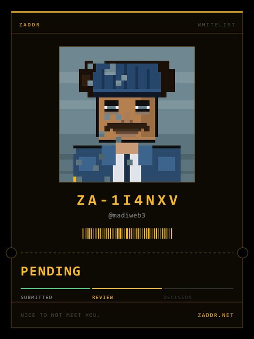 A digital card displays a pixel-art character with a mustache and blue cap, labeled 'ZADOR WHITELIST' with the code 'ZA-1I4NXV' by '@mad1web3' in 'PENDING' review status, and 'zadorr.net' at the bottom.