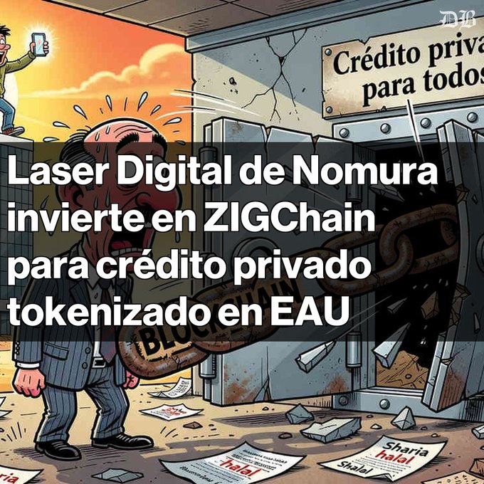 A cartoon illustration shows a distressed businessman with a chain labeled "Blockchain" wrapped around him, while a cracked vault door behind reads "Crédito privado para todos" (Private credit for all), with "Sharia" and "halal" documents scattered on the ground. The Spanish headline reads: "Laser Digital de Nomura invierte en ZIGChain para crédito privado tokenizado en EAU" (Nomura's Laser Digital invests in ZIGChain for tokenized private credit in UAE), visually representing the tension between traditional finance and the new Sharia-compliant tokenized credit initiative mentioned in the post.