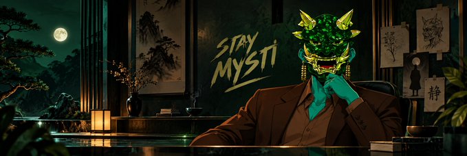 A digital artwork of a figure wearing a green oni mask and a brown suit, with 'STAY MYSTI' text on a dark wall background featuring Asian-style artwork.