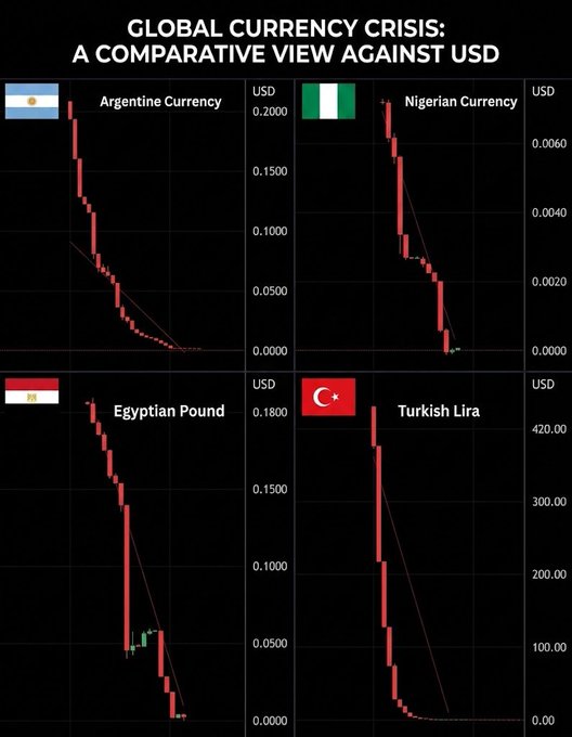 The image, titled “GLOBAL CURRENCY CRISIS: A COMPARATIVE VIEW AGAINST USD,” shows four collapsing fiat-currency charts versus the U.S. dollar: Argentine currency, Nigerian currency, Egyptian Pound, and Turkish Lira, with scales including 0.2000, 0.1800, 420.00, and 300.00 USD. It supports the post’s argument that severe, sustained currency depreciation in national fiat money is at least as speculative and crisis-prone as Bitcoin, challenging claims that Bitcoin alone is the “real bubble.”