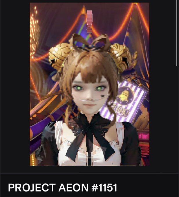 A pixel art anime-style girl with brown hair, green eyes, and a small crown-like accessory is centered on a vibrant background featuring orange streamers and stage lighting. The text "PROJECT AEON #1151" appears at the bottom, identifying the NFT, which the post describes as a "Metal Gear Solid-Exclamation" trait on a new winged character.
