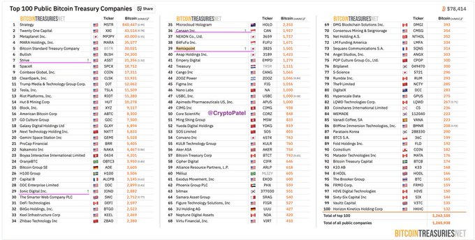 Comprehensive ranking list titled 'Top 100 Public Bitcoin Treasury Companies' from BitcoinTreasuries.net, showing companies like MSTR ($60,647M), Twenty One Capital ($43,924M), and MARA Holdings ($5,077M) with their BTC holdings, totaling 5,263,939 BTC across all 100 public companies.
