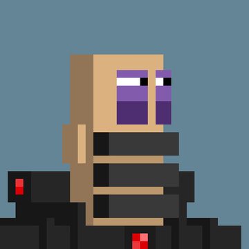 The image features a robot with a face made of stacked boxes painted in shades of purple and black. The robot has two eyes and a mouth, giving it a unique appearance. The background of the image is blue, which contrasts nicely with the robot's color scheme. There are also red text elements on the image that read "Forever inscribed on ETH and BTC Be a Comrade, Comrade!".