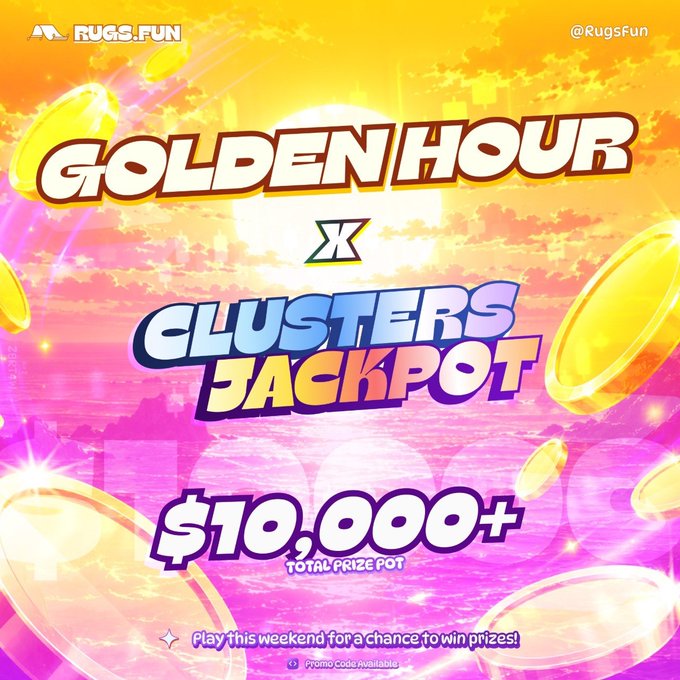 Promotional graphic for RUGS.FUN (@RugsFun) advertising a weekend giveaway combining the "Golden Hour" SOL drops with the "Clusters Jackpot" featuring a $10,000+ total prize pot, with text inviting players to play for a chance to win and noting that a promo code is available. The vibrant sunset-themed design with floating gold coins visually reinforces the dual "golden" opportunity highlighted in the accompanying post.