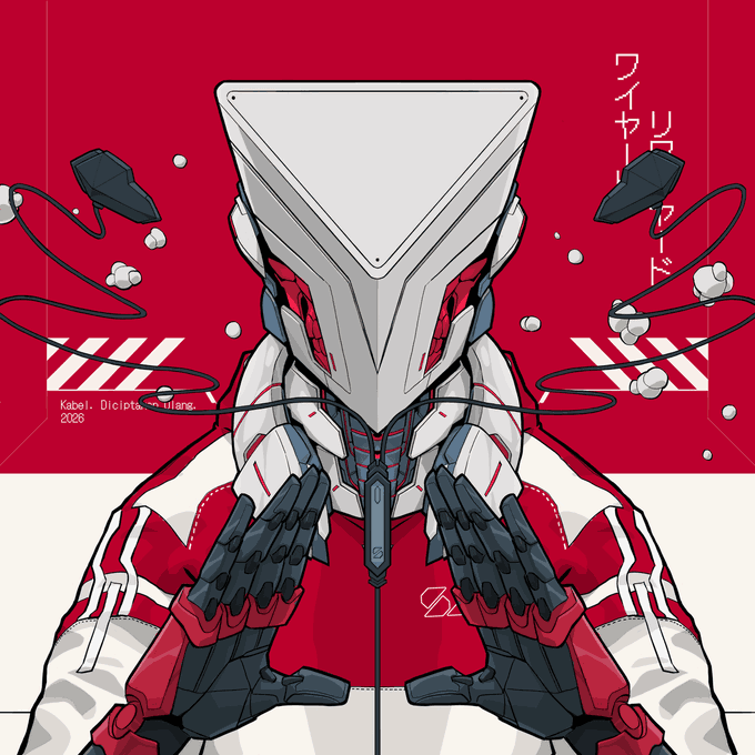 A red and white cyberpunk-style illustration of a robot or armored figure with a triangular white helmet, featuring Japanese text on the right side.