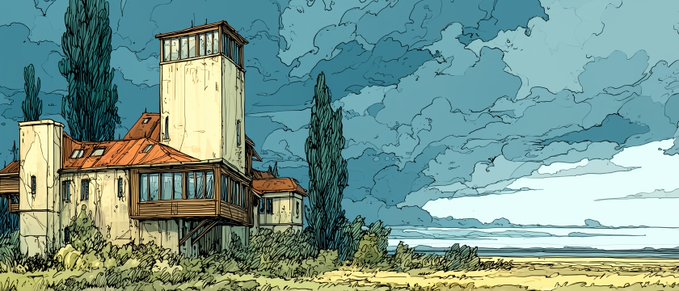 A digital illustration of a tall, weathered building with an orange roof, surrounded by tall trees under a dramatic cloudy sky.