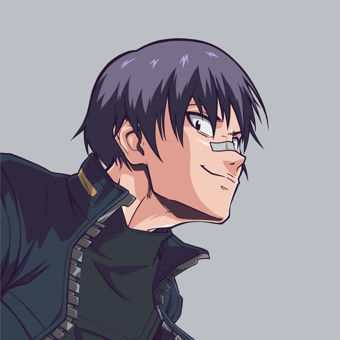 An anime-style illustration of a man with dark purple hair wearing a dark jacket with a bandolier strap, smiling slightly with a band-aid on his nose.