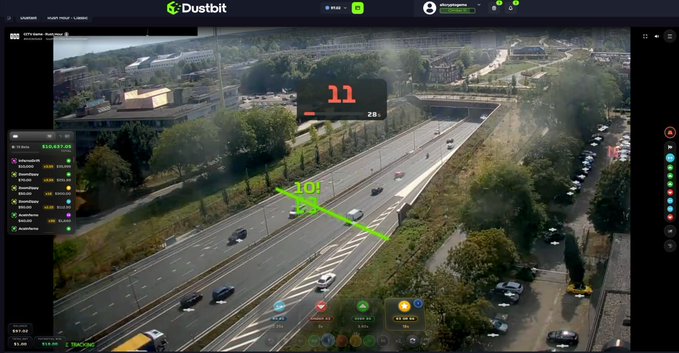 A screenshot from the "Dustbit" platform showing an aerial traffic monitoring view of a highway with vehicle tracking and speed overlays.