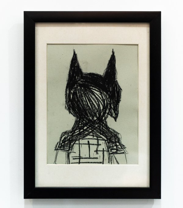 A framed black ink sketch depicting a figure with pointed animal-like ears, shown from behind with sketchy, cross-hatched lines, being offered for sale at 5 SOL to fund a trip to Athens.