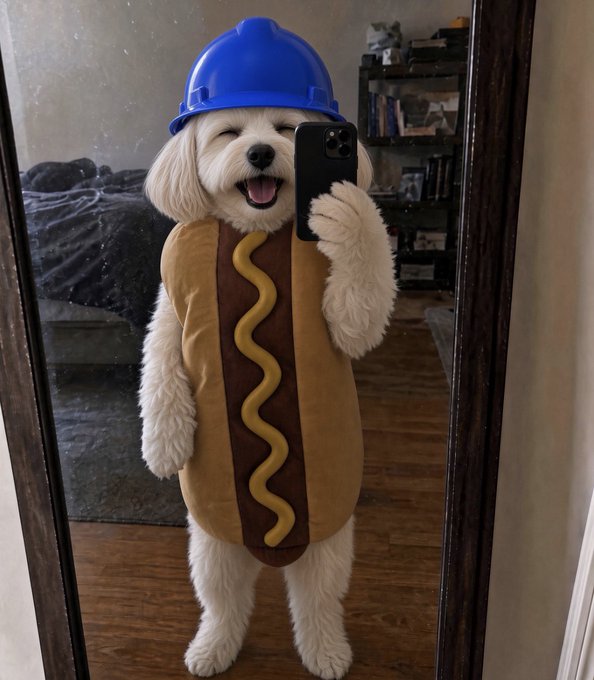 A small white fluffy dog wearing a blue hard hat costume and a hot dog-shaped body suit, taking a mirror selfie with a smartphone in a home setting.