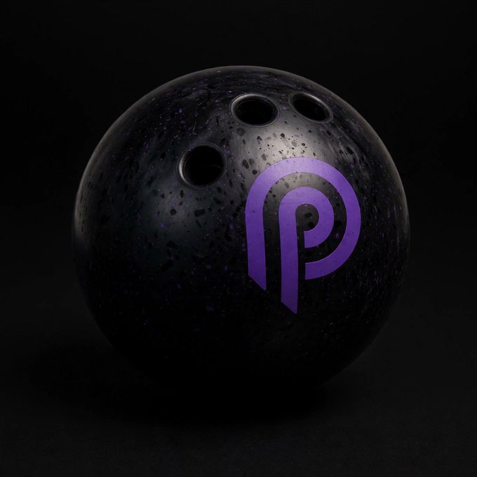 Dark image of a black bowling ball with water droplets, featuring a purple 'P' logo (Polyhedra Network) in the center.
