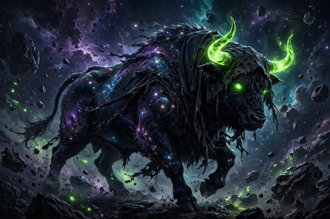 A fantasy digital artwork depicting a cosmic bull or minotaur creature with a galaxy-patterned body and glowing green horns and eyes, surrounded by floating rocks and nebula-like space elements.