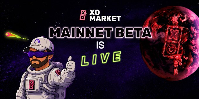 A promotional banner for 'XO MARKET' announces that 'MAINNET BETA IS LIVE,' featuring a cartoon astronaut character and a red planet.