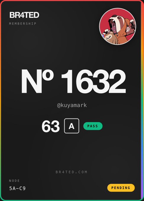 A digital BR4TED membership card No. 1632 for user @kuyamark showing 63 score and an 'A' grade pending status.