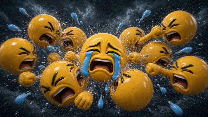 A surreal 3D illustration of multiple yellow crying-laughing emoji faces exploding outward, crying streams of blue tears against a dark, cloudy background.